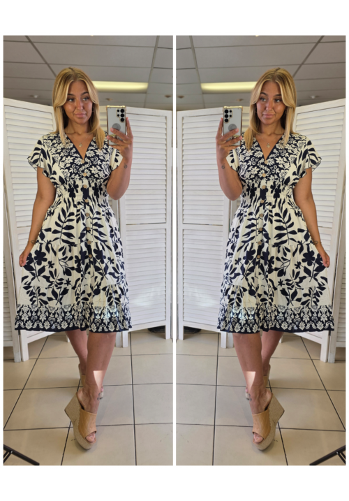  FLORA FIESTA FLUTTER SLEEVE SUMMER DRESS -  NAVY FLORAL