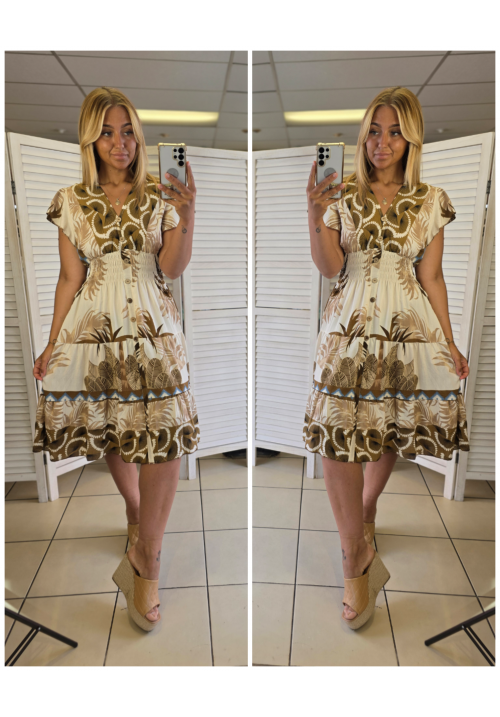 FLORA FIESTA FLUTTER SLEEVE SUMMER DRESS - TAN PALM