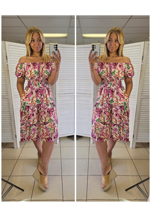  BOHEMIAN SUMMER BARDOT DRESS - FLORAL PINK