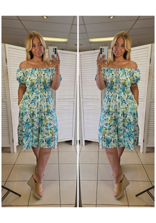  BOHEMIAN SUMMER BARDOT DRESS - FLORAL BLUE