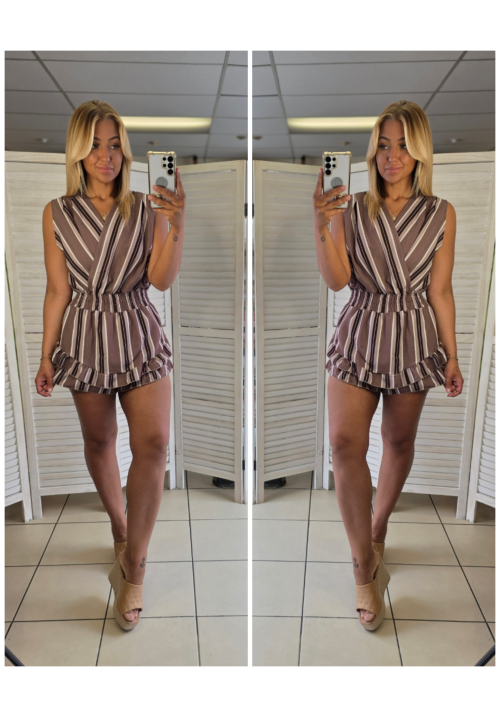 THE SOLANA STRIPE PLAYSUIT - BROWN