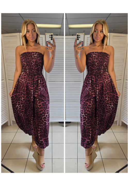  BALI KISSES STRAPLESS JUMPSUIT - WINE LEOPARD