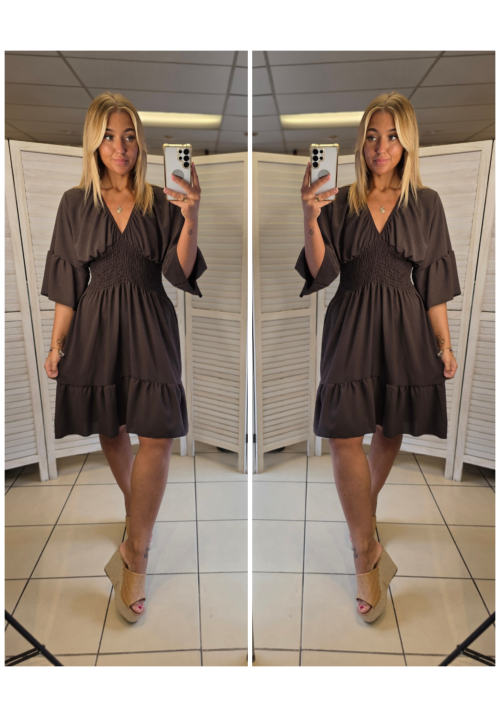 STEVIE FLUTED SLEEVE DRESS - CHOCOLATE