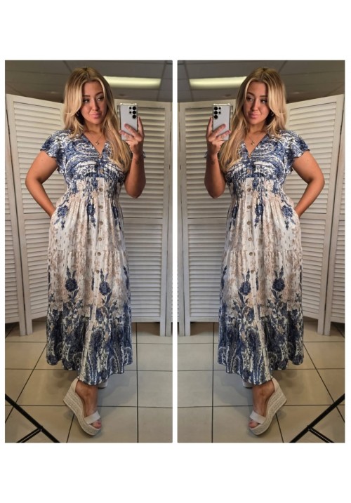 FLORA FIESTA FLUTTER SLEEVE MAXI SUMMER DRESS - FLORAL BLUE