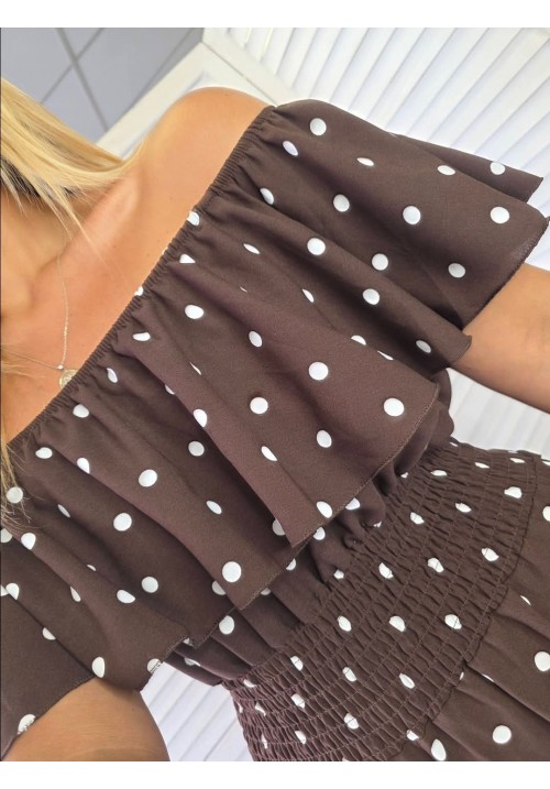 CURVY GIRLS BARDOT JUMPSUIT - POLKA DOT - CHOCOLATE 