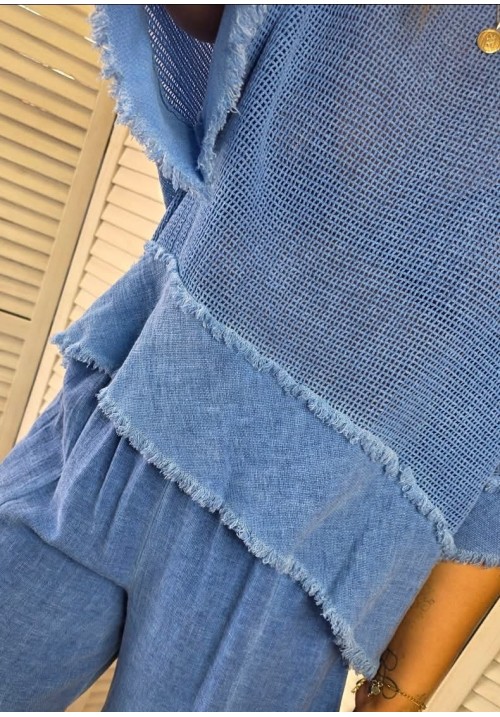 MYKONOS MEMORIES DISTRESSED LINEN TOP - DENIM BLUE